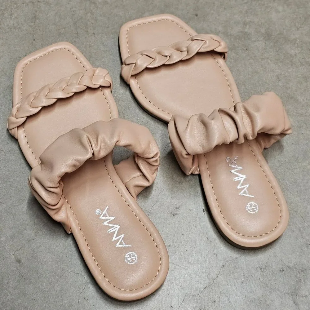Nude Braided Strap Flat Sandals With Padded Scrunch Detail & Square Toe Design